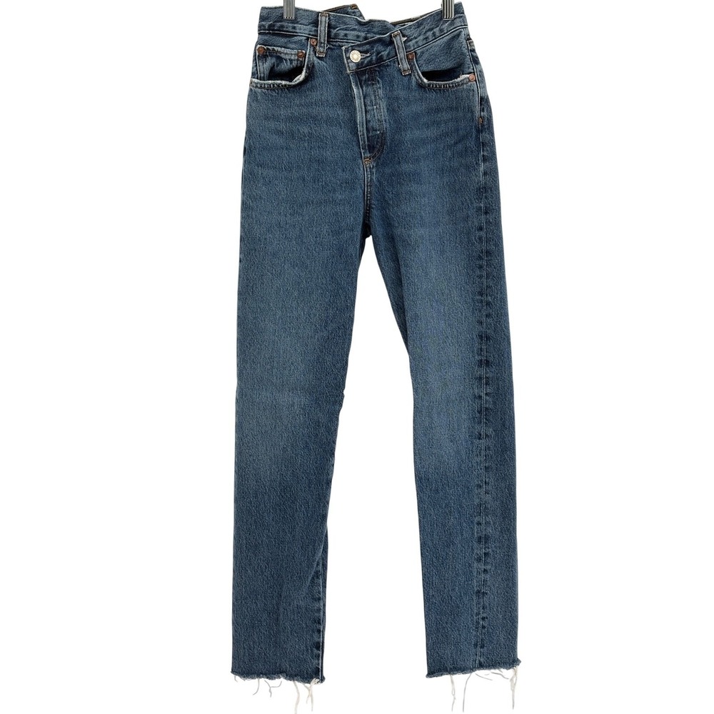 Agolde Jeans Criss Cross Straight Women 23 High Rise Blue Raw Hem‎ Distressed